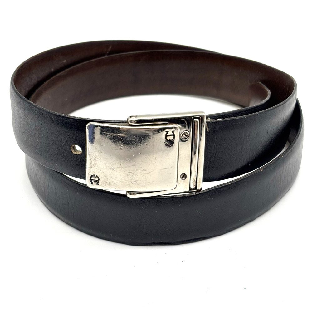1970s Etienne Aigner Plate Buckle Reversible Black/Brown Leather Belt 34 Italy